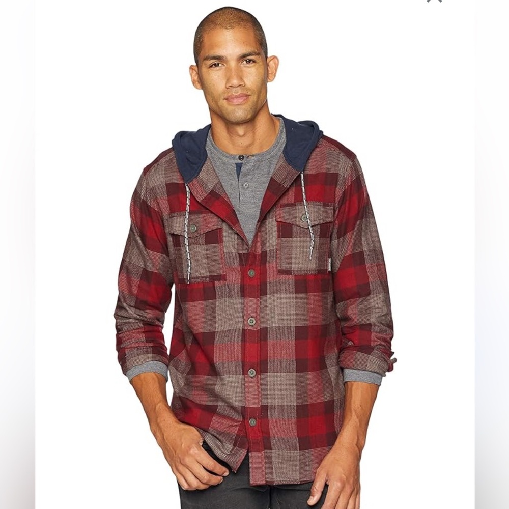 Columbia Red Plaid Hooded Flannel Button Down Shirt Jacket Outdoors Men’s XL